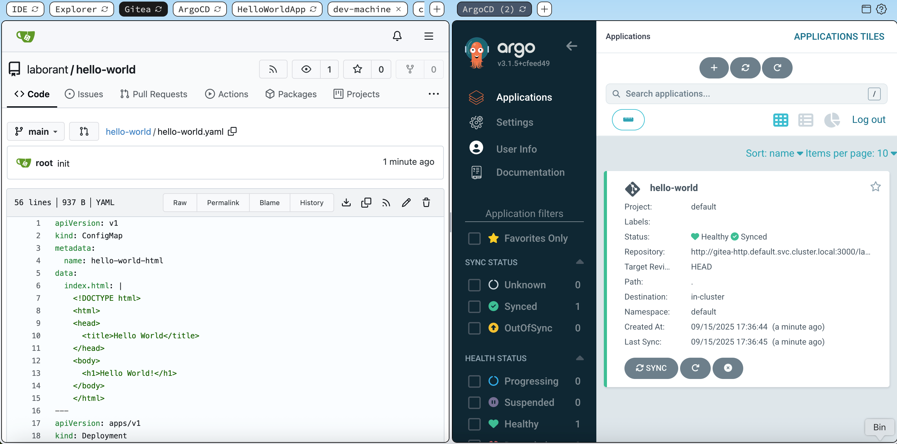 ArgoCD + Gitea playground: Experiment with GitOps - deploy a demo app to a Kubernetes cluster with ArgoCD, with app manifests stored in a Git repo hosted in Gitea.