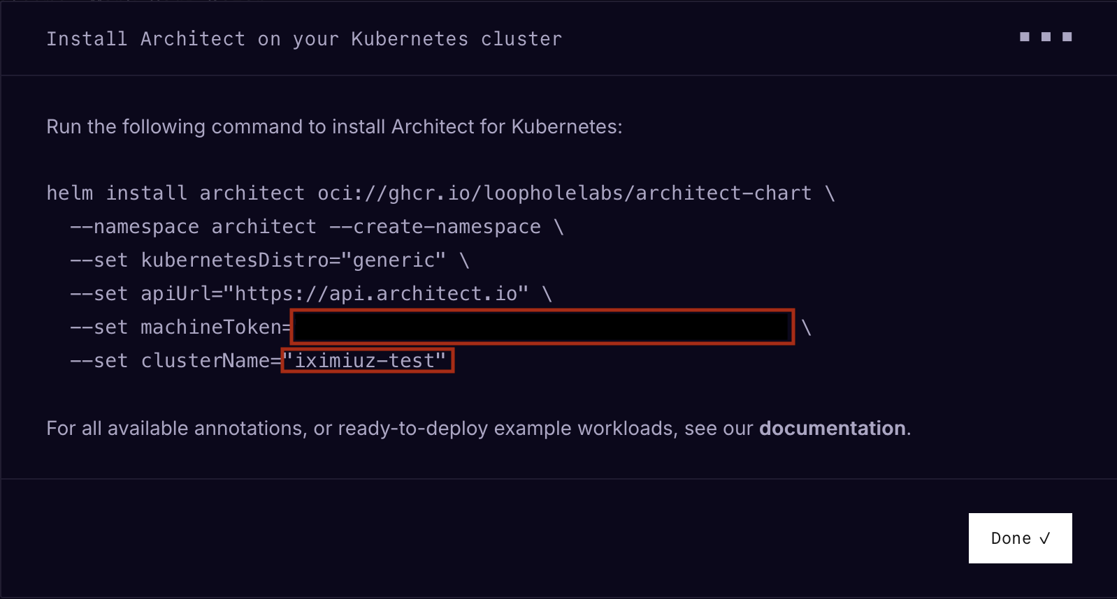 Copy the machine token and cluster name
