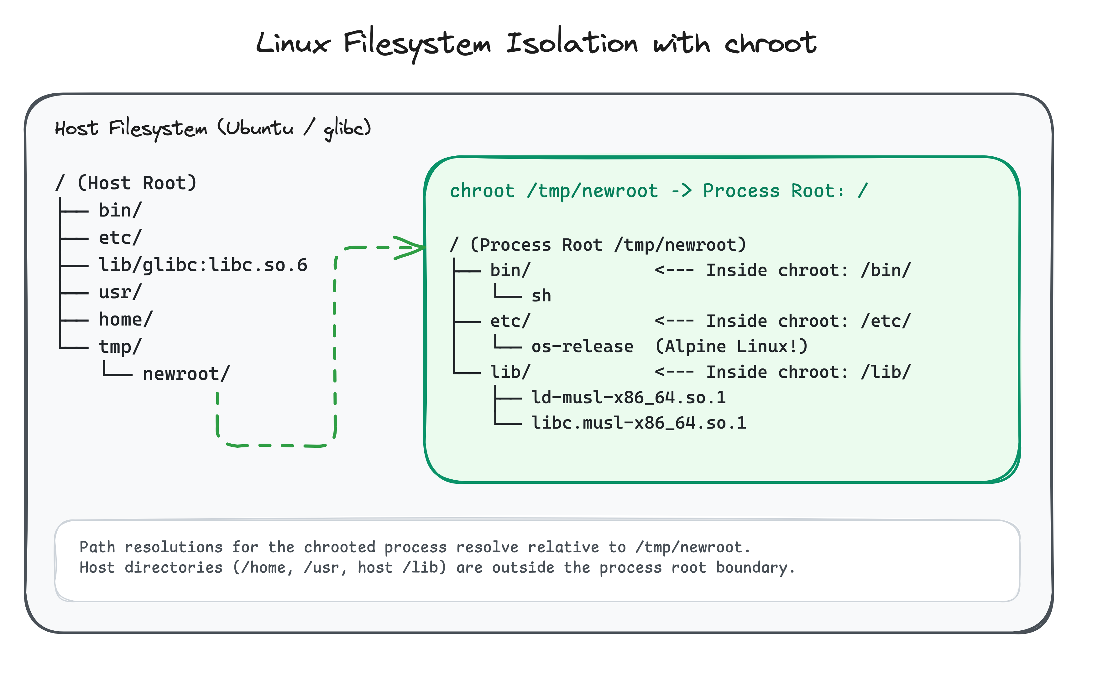 Linux Filesystem Isolation with chroot: Host filesystem vs. /tmp/newroot