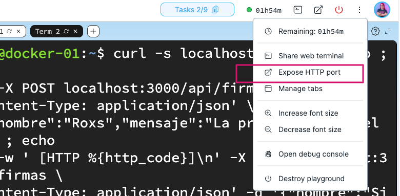 Menú del playground con la opción Expose HTTP port