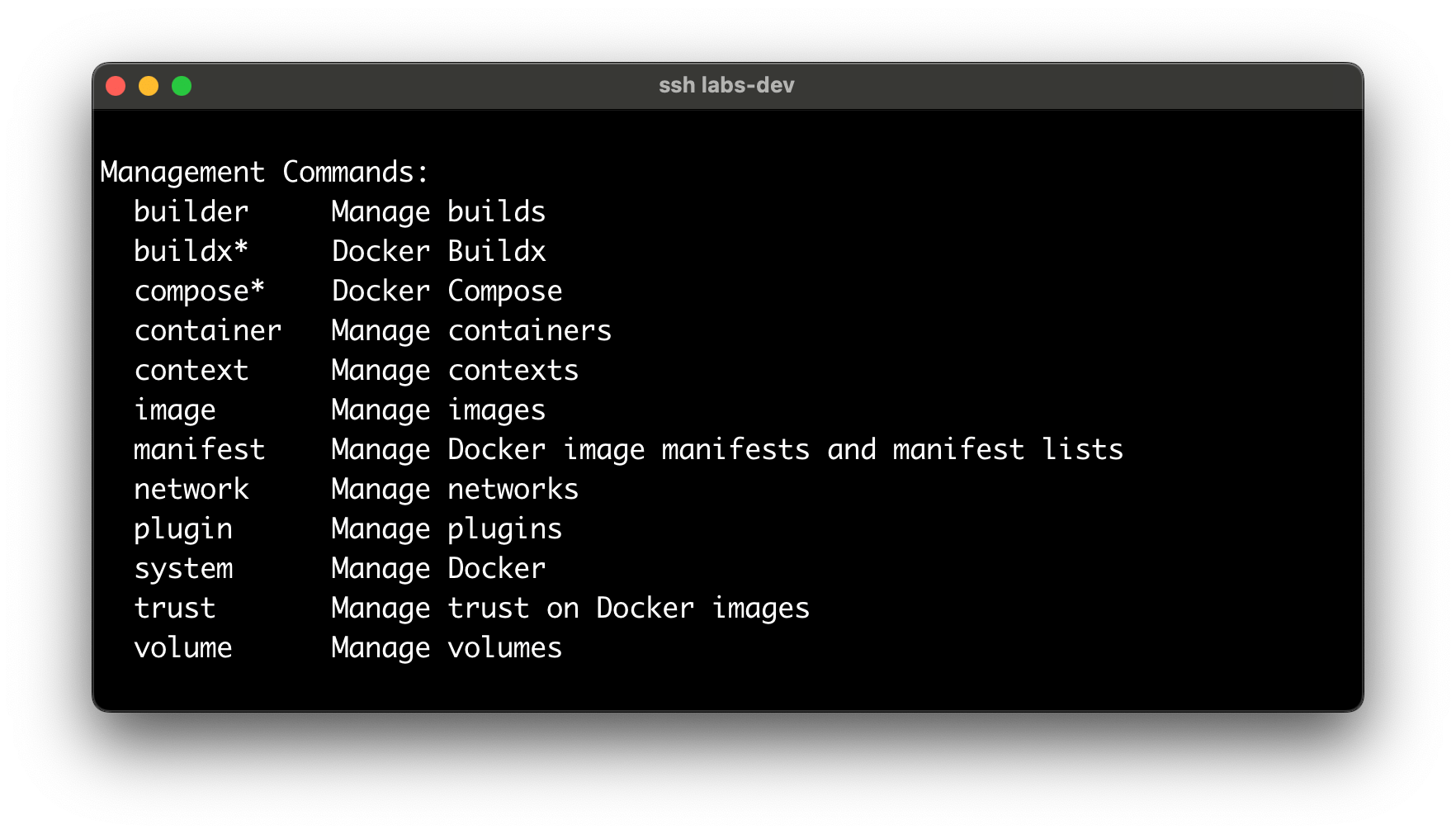 The list of Docker Management Commands.