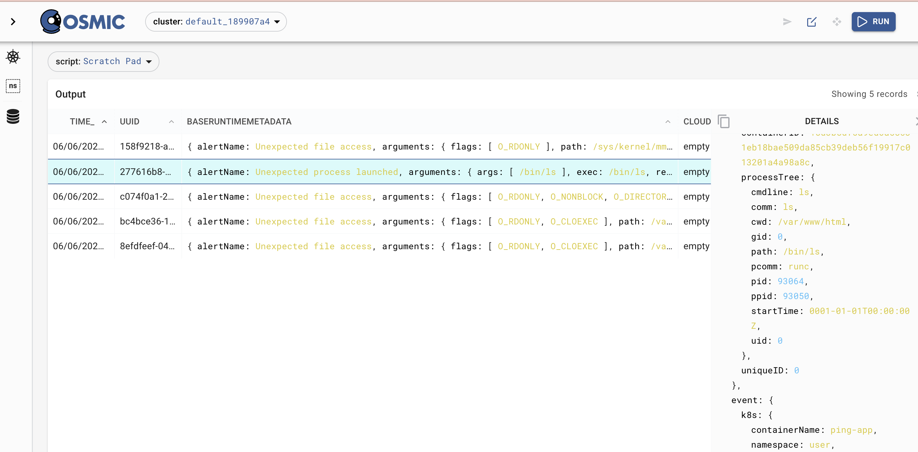 Kubescape output live in pixie