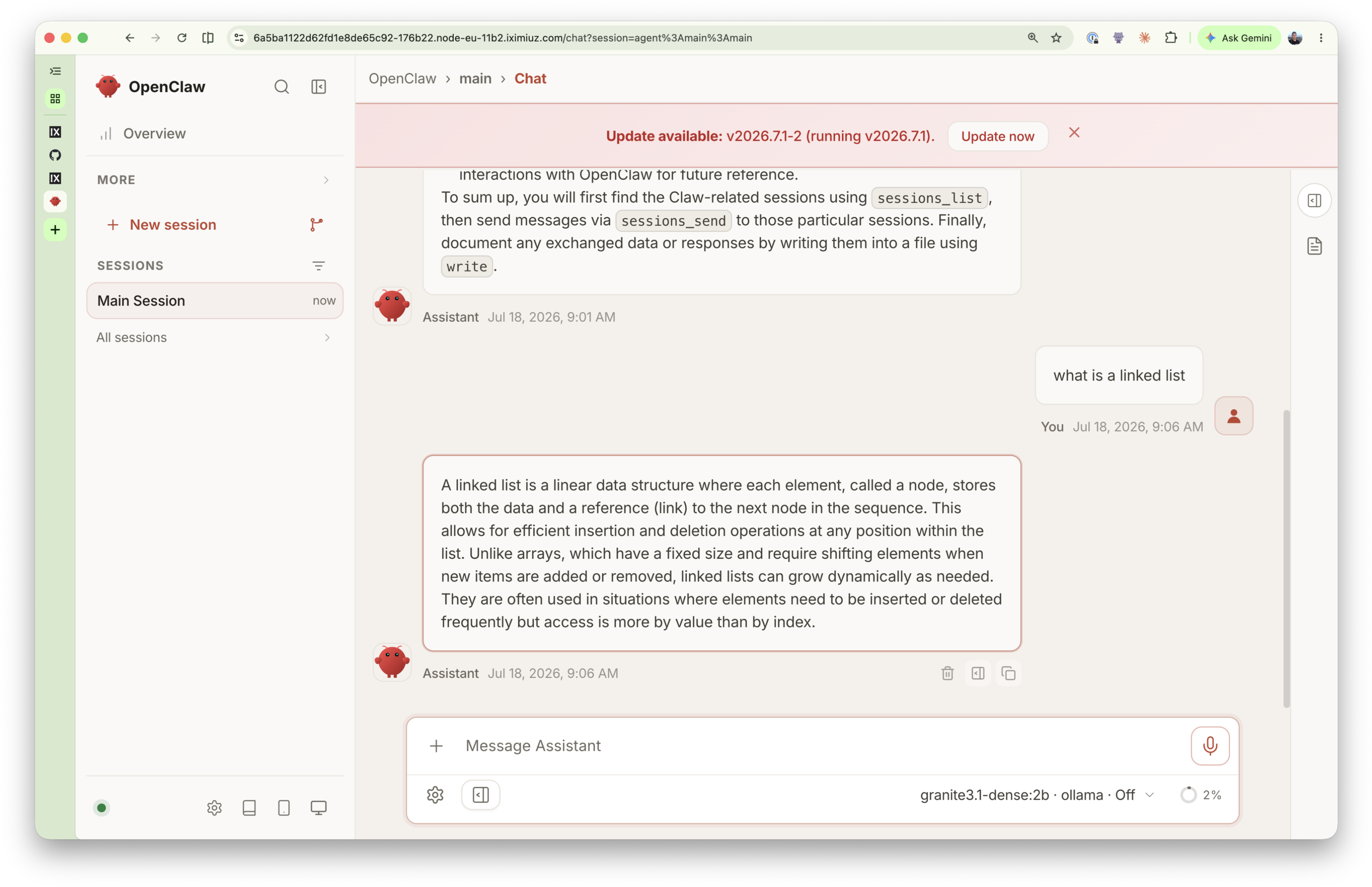 OpenClaw responding to the prompt "what is a linked list" using the locally-hosted granite3.1-dense:2b model via Ollama