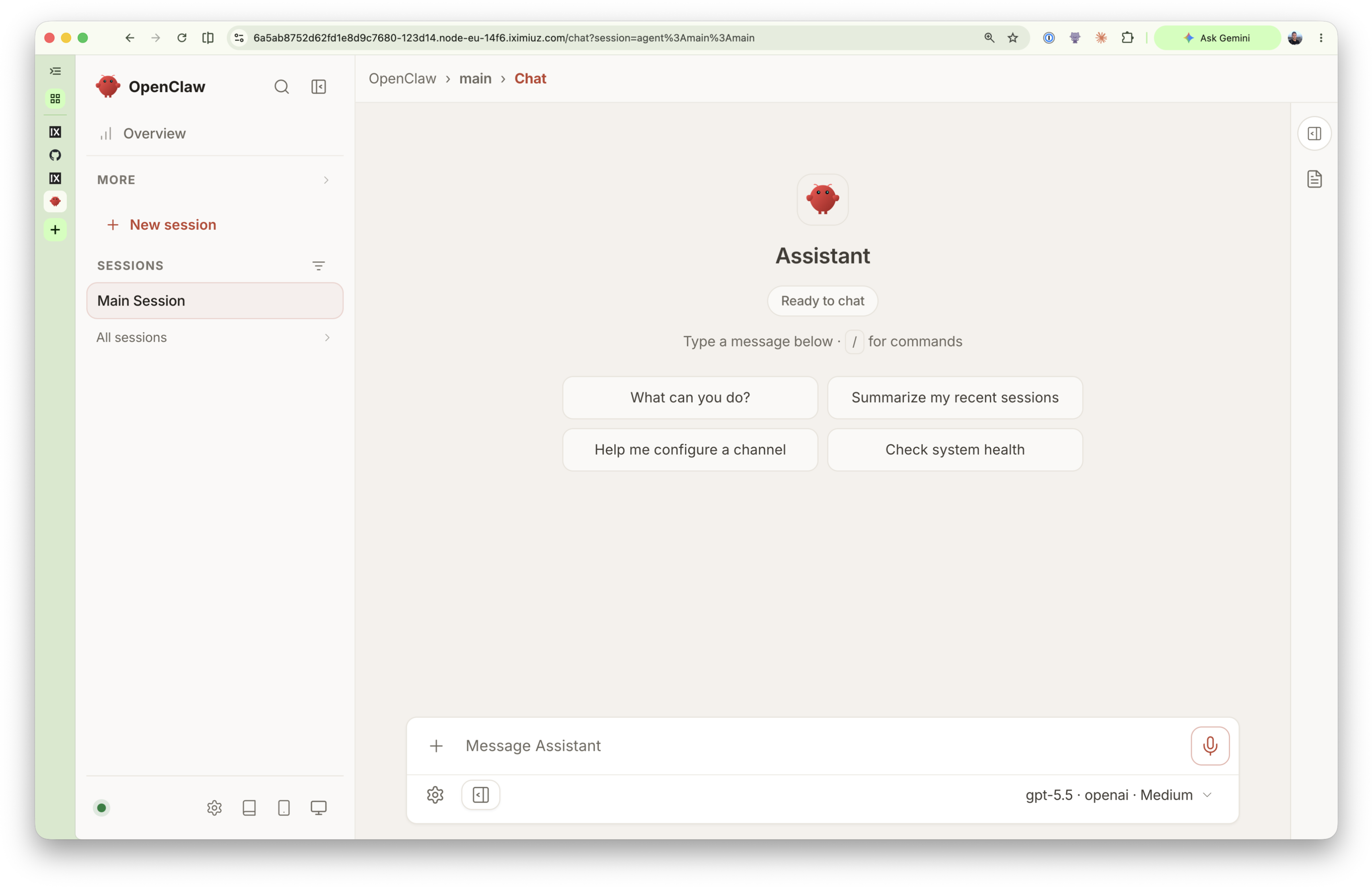 OpenClaw's gateway UI, reached through Pomerium's web route after a successful trusted-proxy sign-in