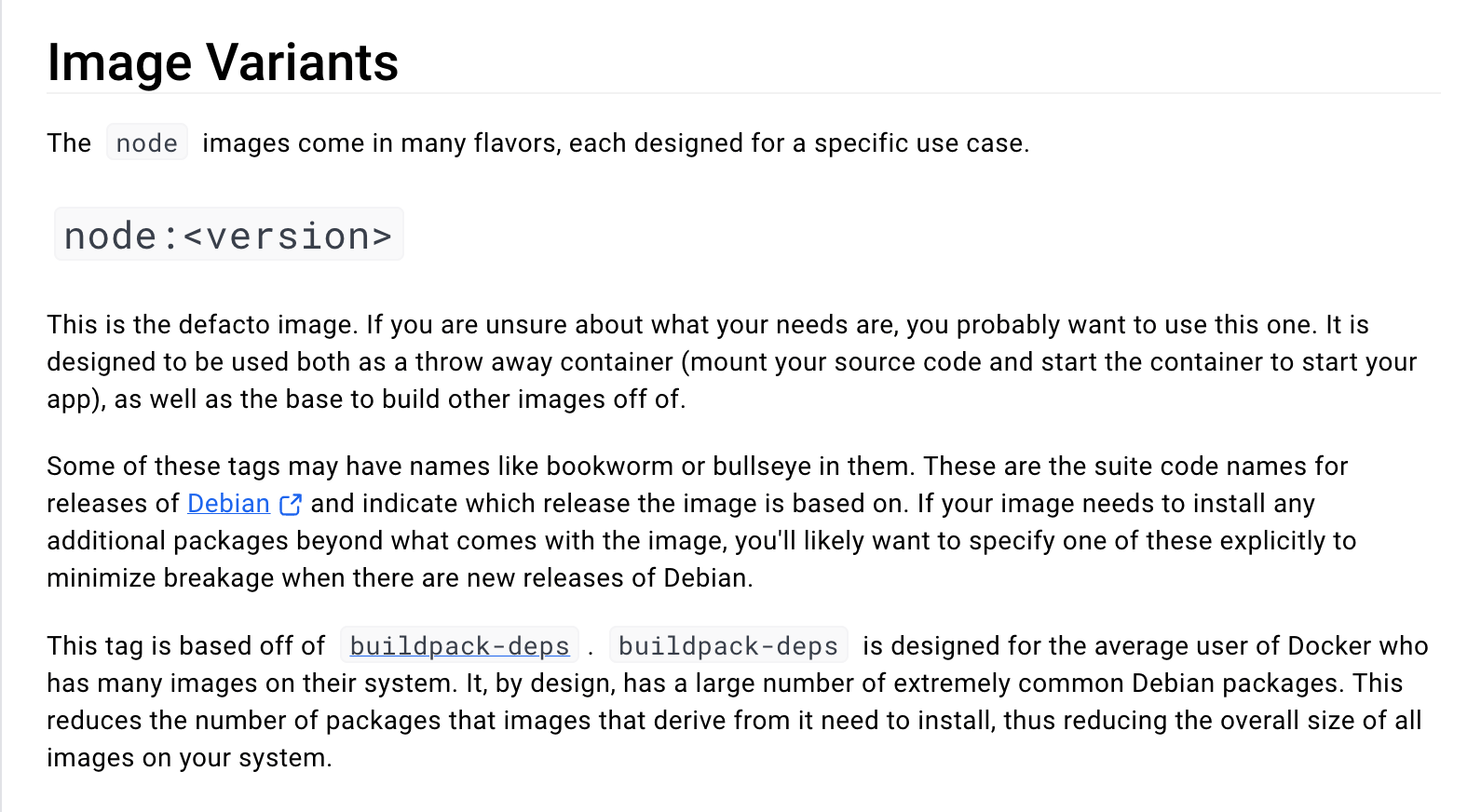 Node.js image variants.