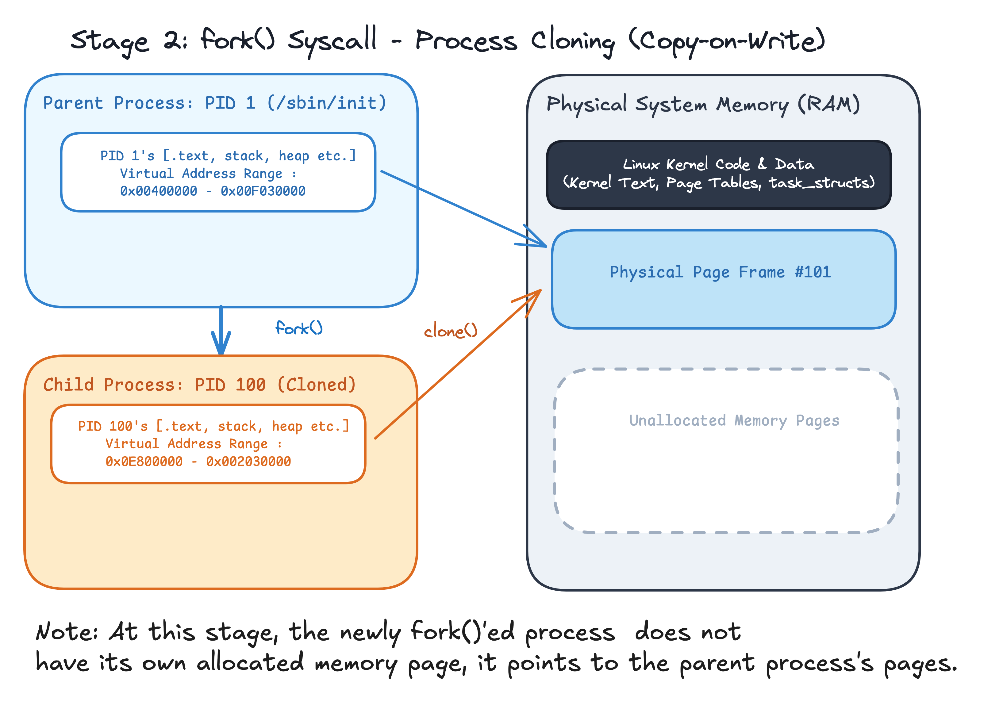 Stage 2: fork() creates child process PID 100 by cloning page tables with Copy-on-Write memory sharing.