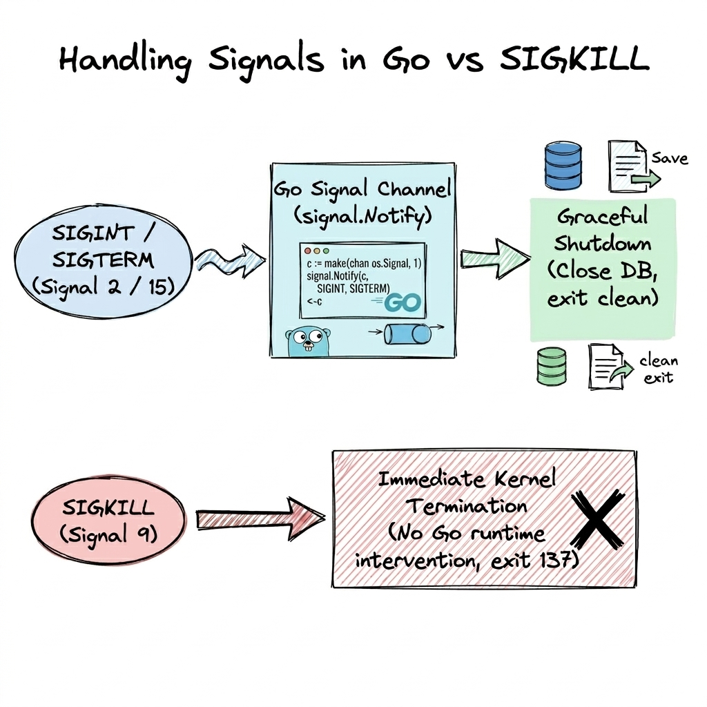 Handling Signals in Go vs SIGKILL diagram showing graceful channel shutdown vs kernel force exit.