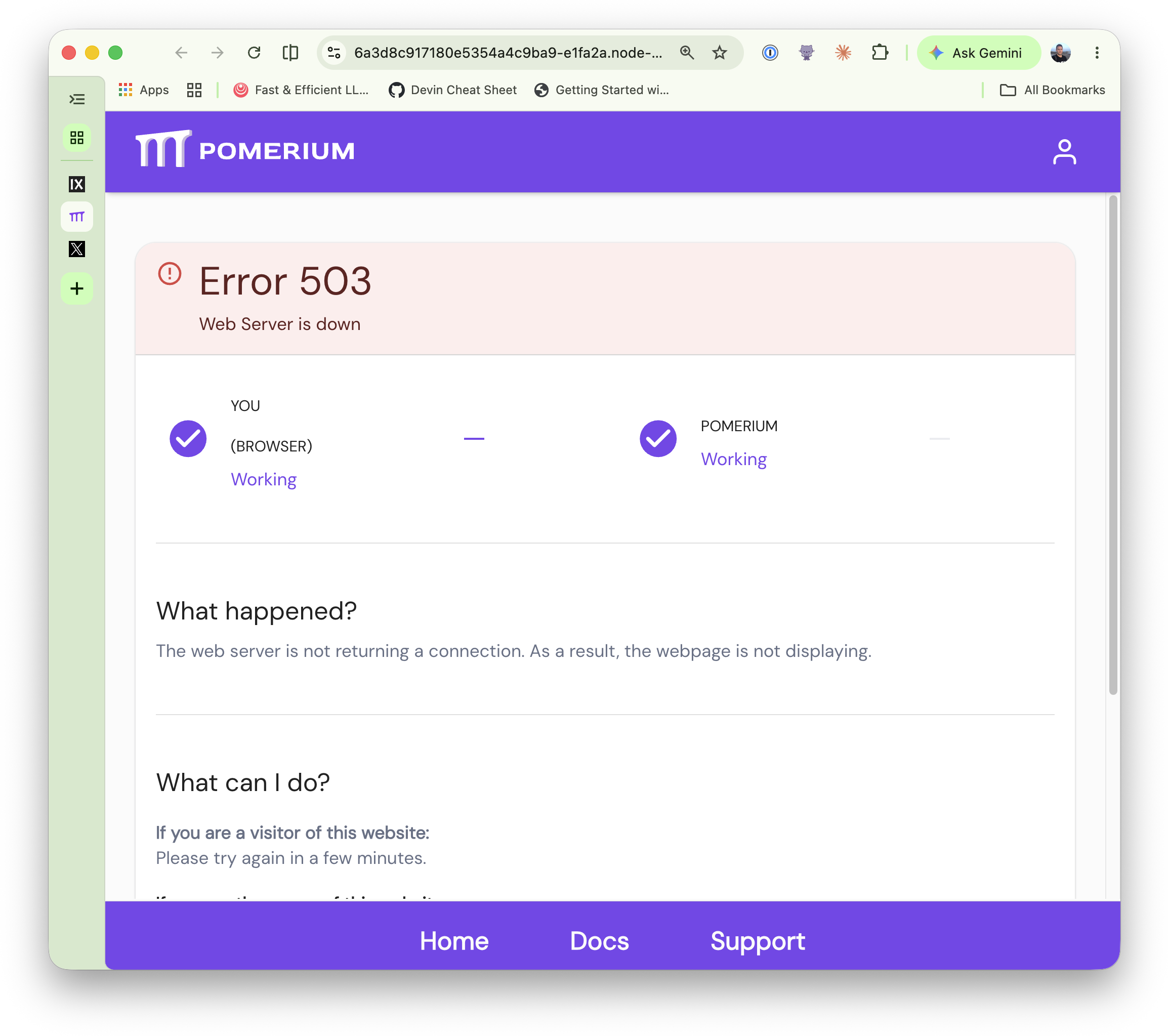 Pomerium returning an Error 503 "Web Server is down" page: the browser and Pomerium both show as working, but there is no upstream behind the route.