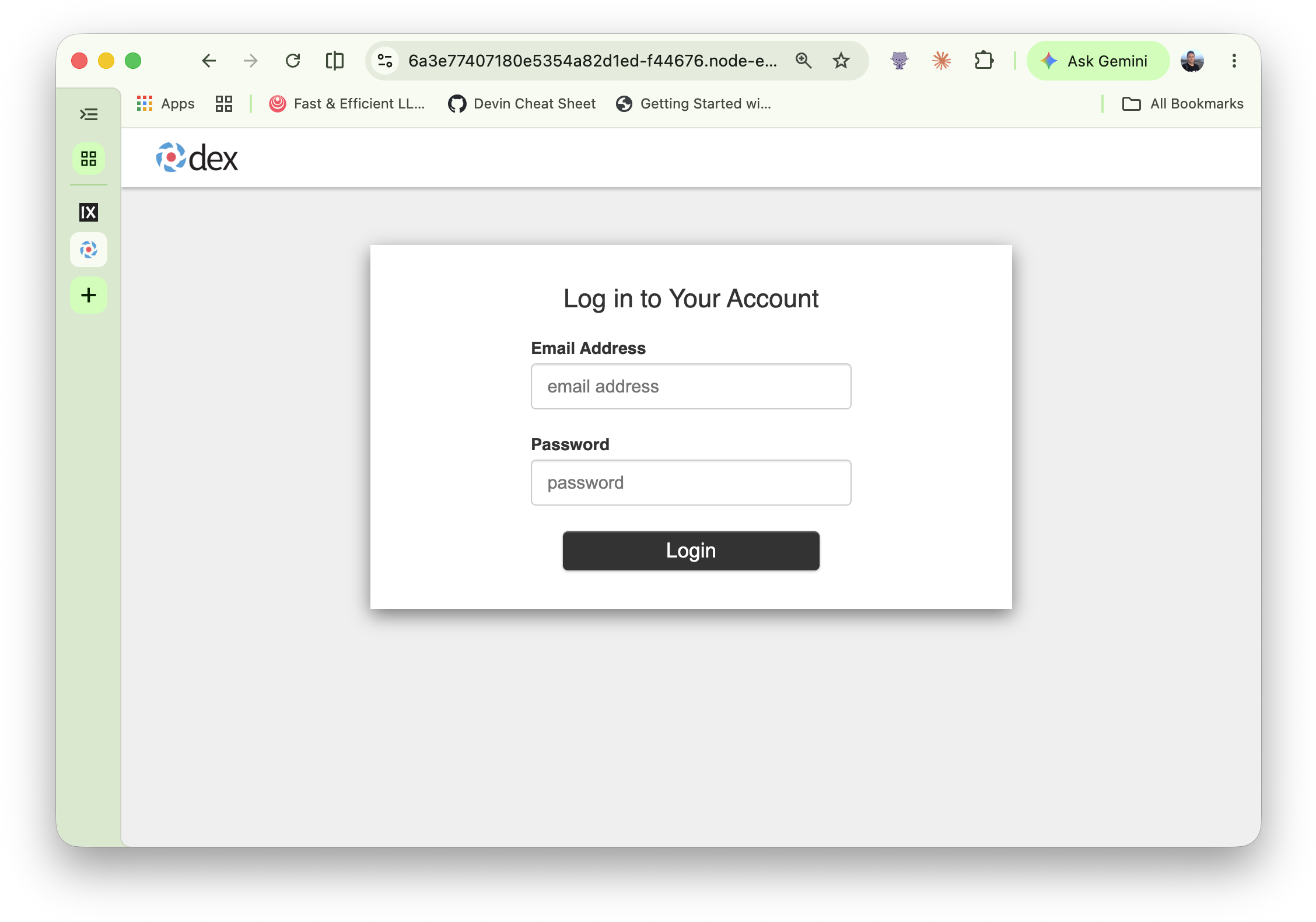 The Dex sign-in page showing the email address and password fields.
