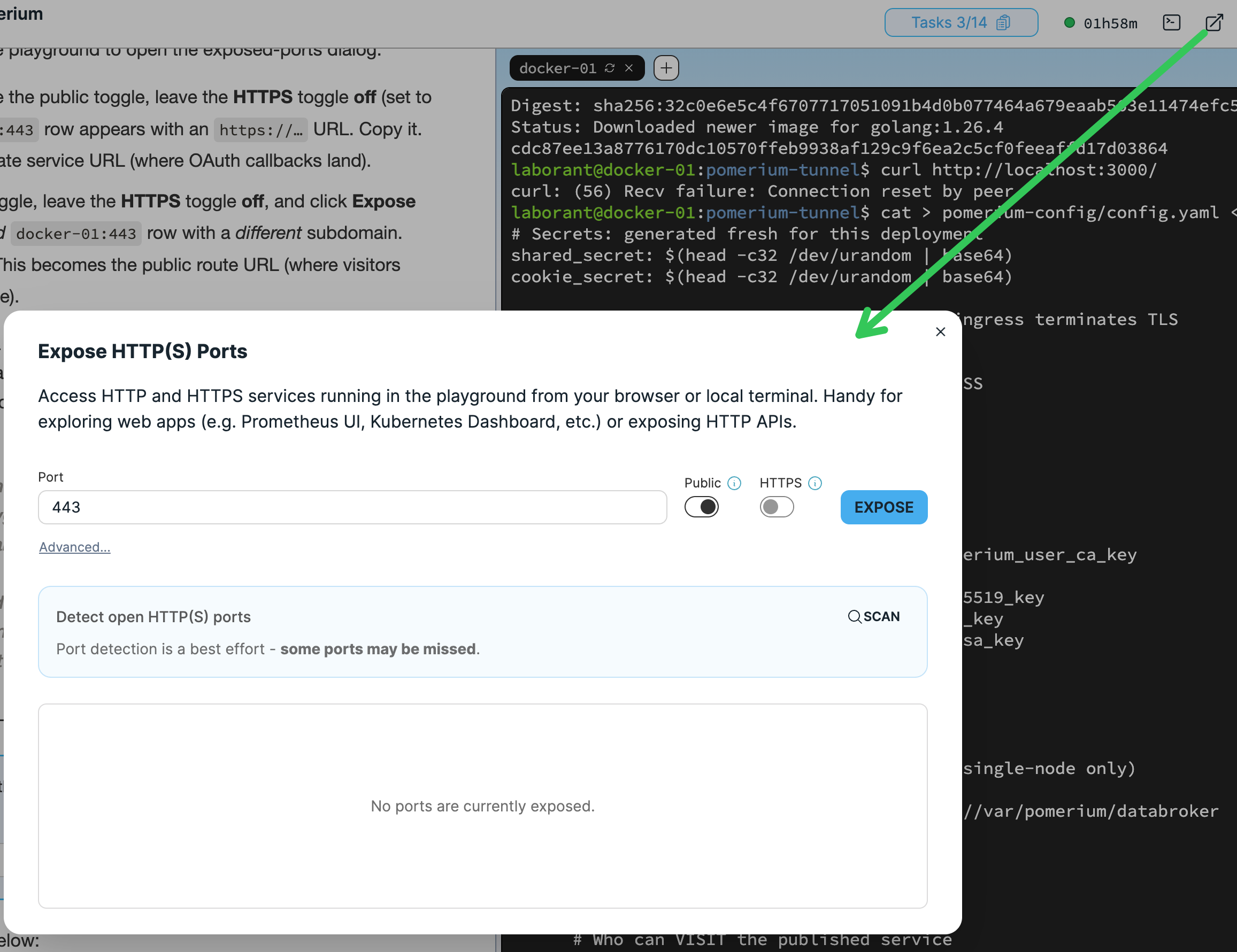 The Expose HTTP(S) Ports dialog with the port entered, the Public toggle on and the HTTPS toggle set to Yes, ready to click Expose.
