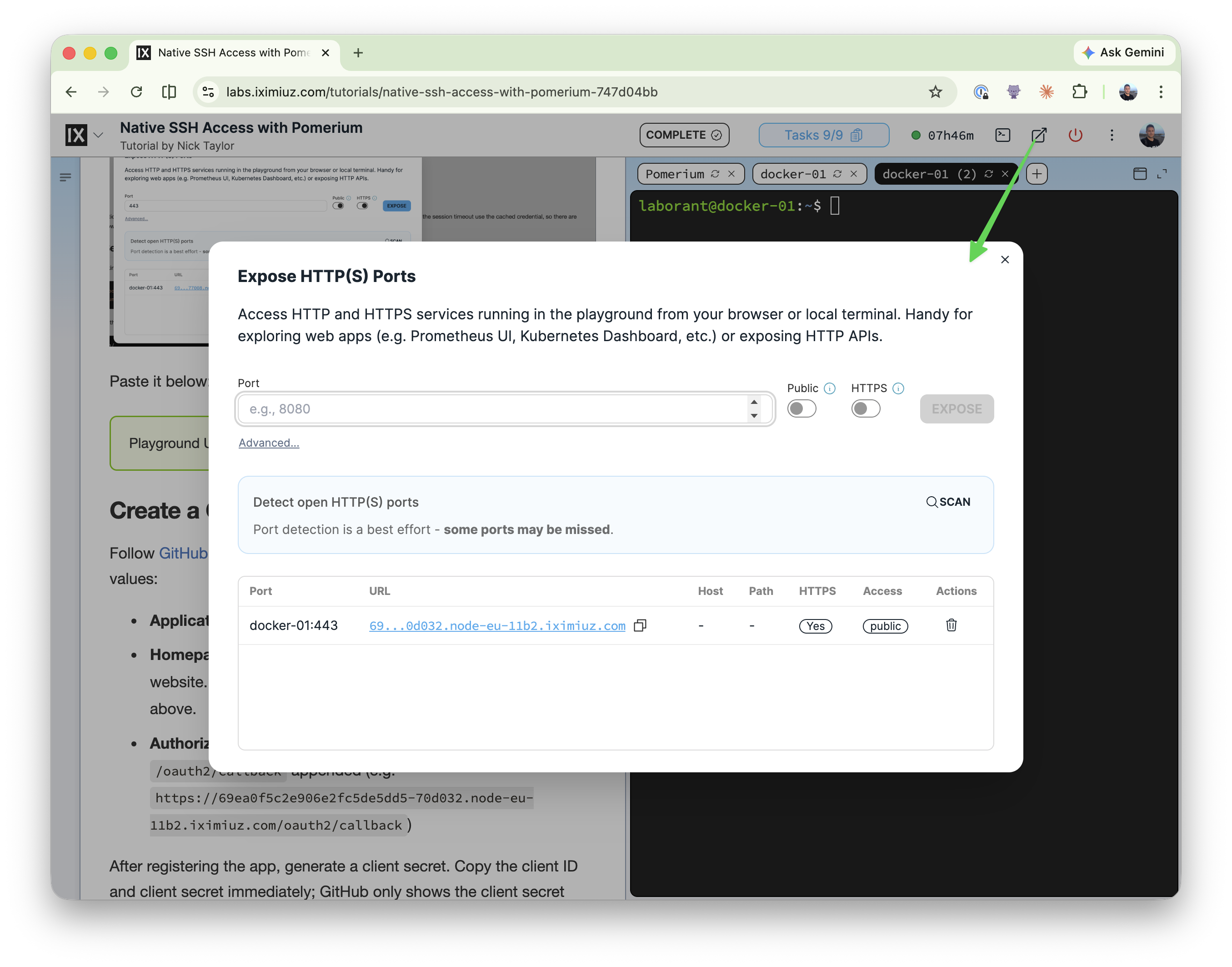 Expose HTTP(S) Ports dialog showing the public URL for port 443, with an arrow pointing to the port-expose icon in the playground's top-right corner