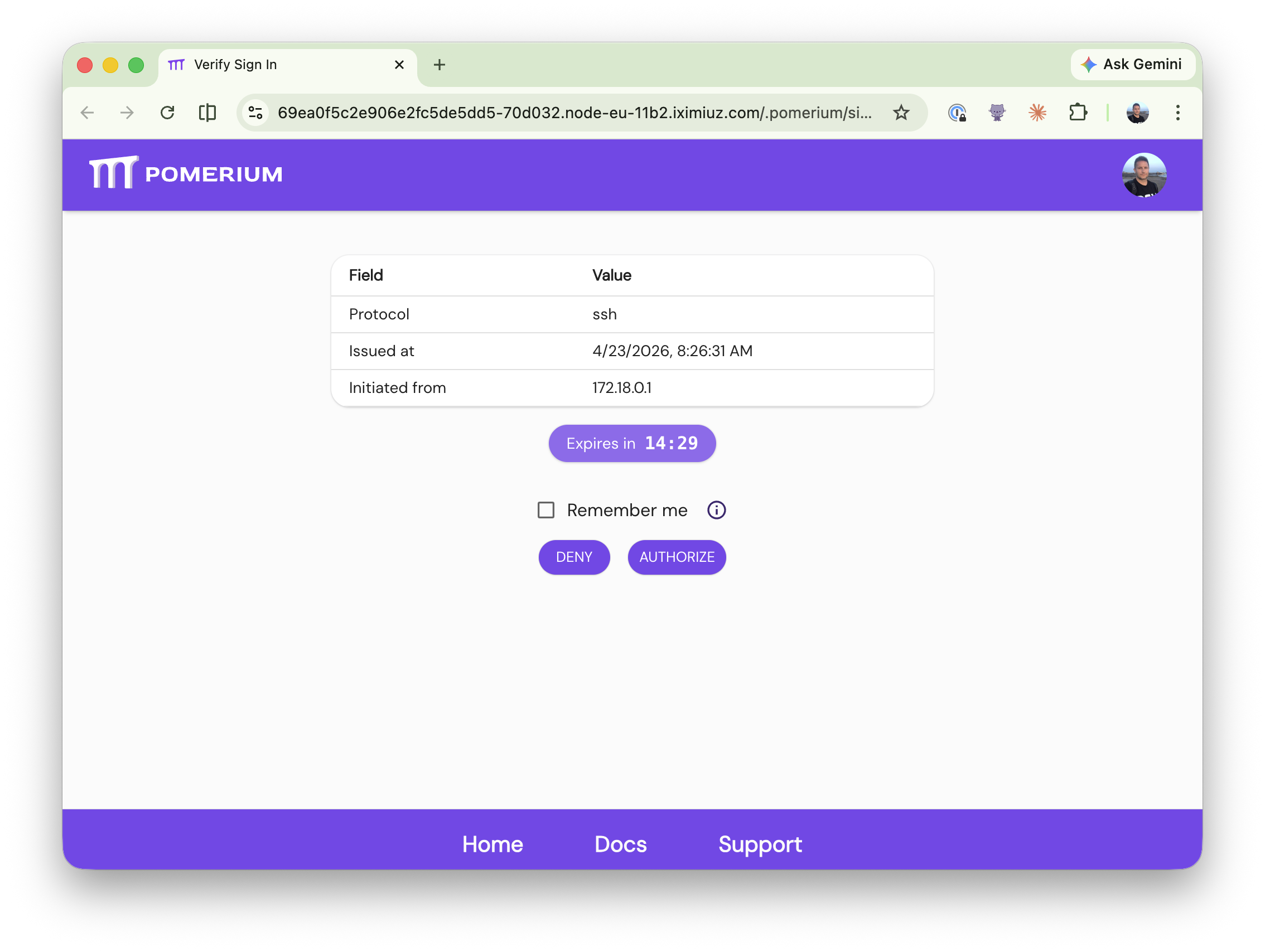 Pomerium Verify Sign In page showing the pending SSH session's protocol, issued-at timestamp, initiating IP, expiry countdown, and Deny / Authorize buttons