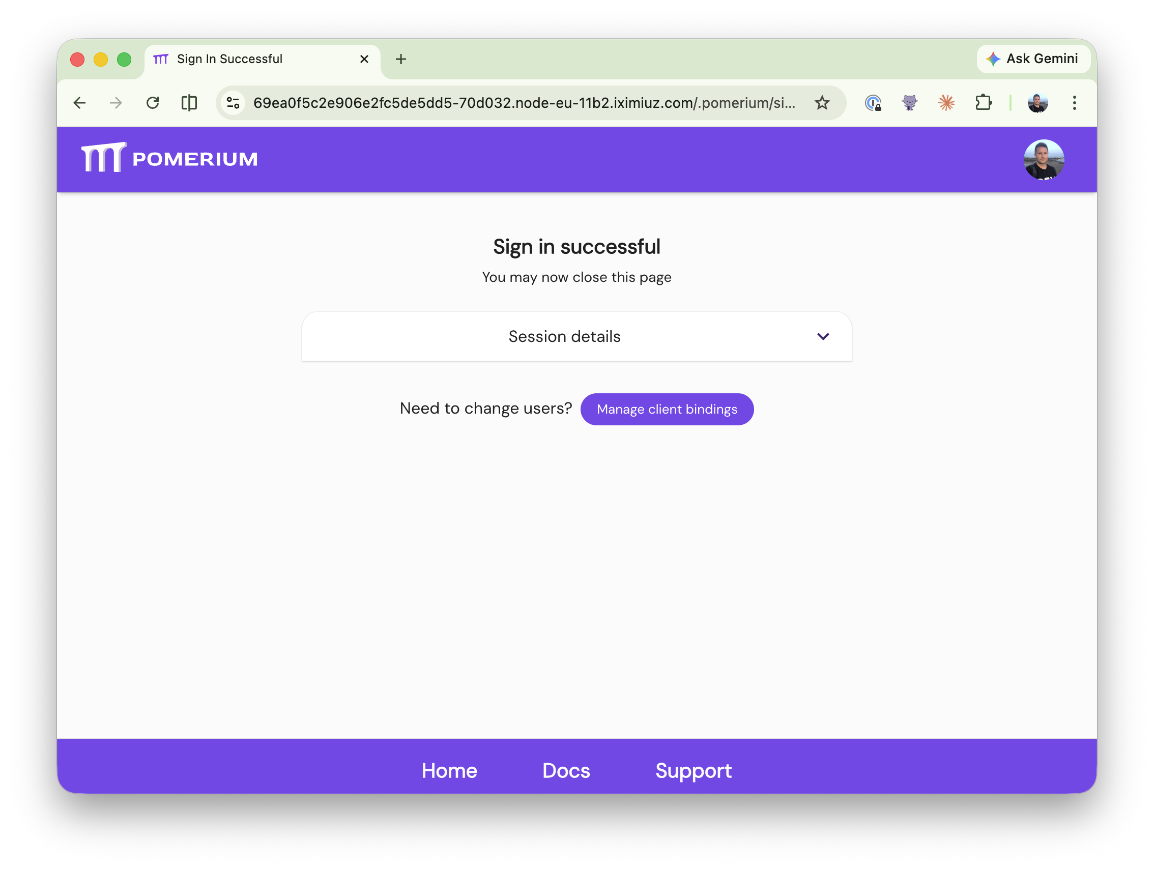 Pomerium Sign in successful page confirming authentication completed, with a collapsible Session details panel