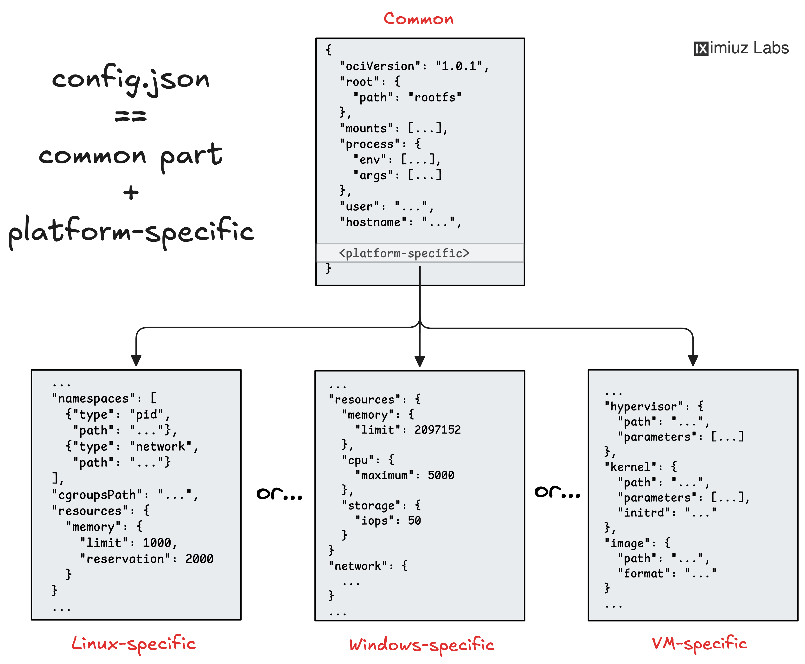 The OCI Runtime Specification's config.json file consists of the common and platform-specific parts.
