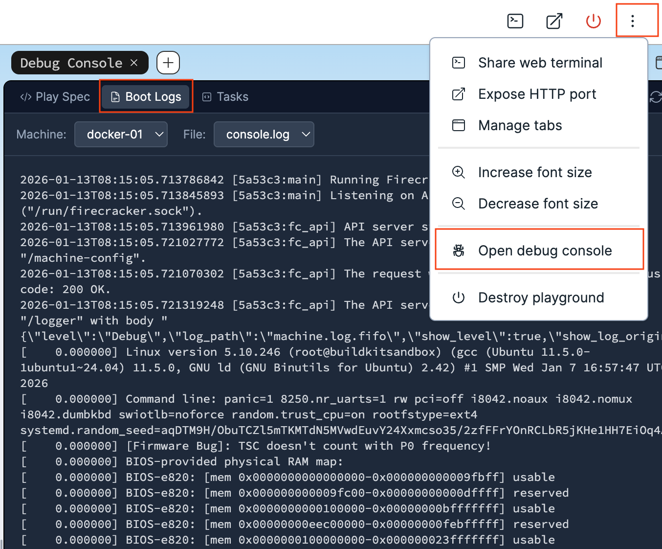 Console logs of the Linux playground box.